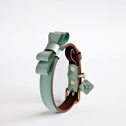 Mint green and smoky brown leather collar with bow design, featuring Italian handmade craftsmanship. Ideal as a personalized dog collar, designer dog collars, puppy collars, cool dog collars, and cute dog collars for small and large pets.